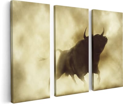 Artaza Canvas Schilderij Drieluik Zwarte Stier In Het Stoffige Rook - 120x80 - Foto Op Canvas - Canvas Print