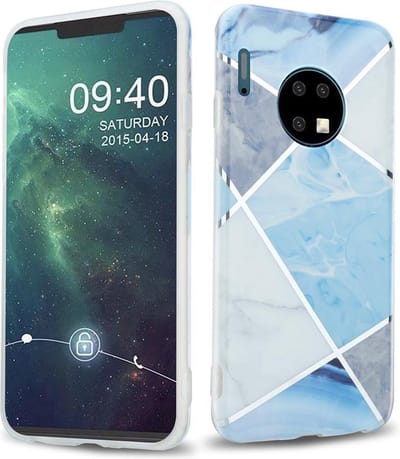 Cadorabo Hoesje geschikt voor Huawei MATE 30 in Blauw Wit Grijs Marmer No. 2 - Beschermhoes gemaakt van TPU siliconen Case Cover met mozaïek motief