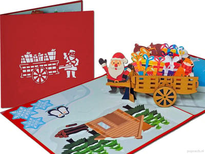 Popcards popup kerstkaarten - Kerstkaart Kerstman met Cadeautjes en Bosdieren in Handkar pop-up kaart 3D wenskaart
