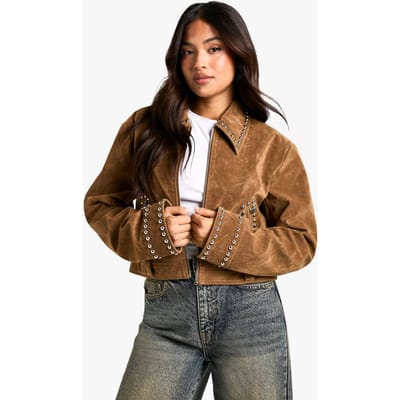 boohoo Dames Petite Stud Detail Faux Suede Jacket | Tan | Maat: 34