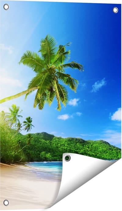 Gards Tuinposter Strand tijdens Zonsondergang in Seychellen - 40x60 cm - Tuindoek - Tuindecoratie - Wanddecoratie buiten - Tuinschilderij