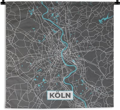 Wandkleed - Wanddoek - Köln – Stadskaart – Blauw – Plattegrond – Stadskaart – Kaart - Duitsland - 180x180 cm - Wandtapijt