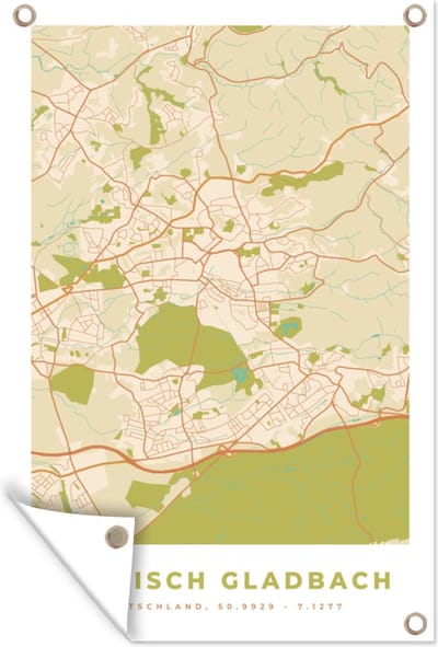 Muurdecoratie Bergisch Gladbach - Plattegrond - Kaart - Stadskaart - Vintage - 120x180 cm - Tuinposter - Tuindoek