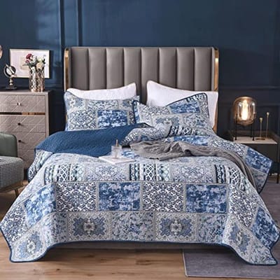 Blauwe Vintage Sprei 180 x 220 cm | Gewatteerde Patchworkdeken van Katoen en Polyester