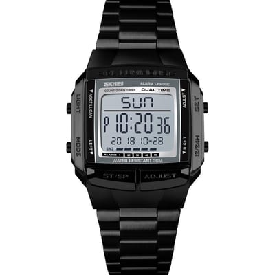 SKMEI 1381 Mannen Analoog Digitaal Horloge Mode Casual Sport Horloge 2 Tijd 5 Alarm 3ATM Waterdicht Roestvrij Stalen Band zwart