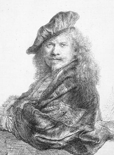 Schetsboek, Rembrandt, ets, leunend op een stenen dorpel