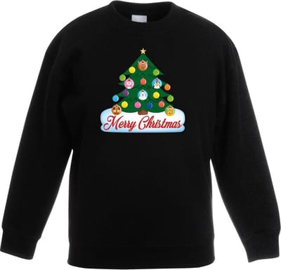 Zwarte kersttrui met dierenvriendjes kerstboom voor jongens en meisjes - Kersttruien kind 98/104