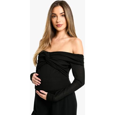 boohoo Dames Zwangerschapstextured Twist Detail Bardot Top met Lange Mouwen | Black | Maat: 14