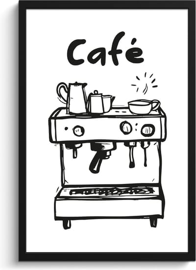 Fotolijst inclusief poster - Posterlijst 40x60 cm - Posters - Illustratie - Café - Koffiemachine - Kopjes - Foto in lijst - Keuken decoratie muur - Wanddecoratie accessoires - Muurdecoratie - Schilderijen
