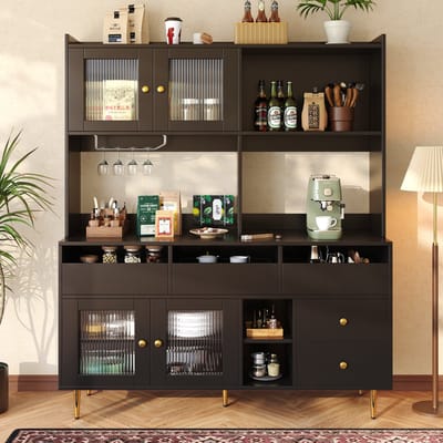 Buffetkast 145x39x171 cm - Geperforeerde Glazen Deuren Met Wijnglasrek - Meerdere Opbergvakken - Hout - Zwart Goud