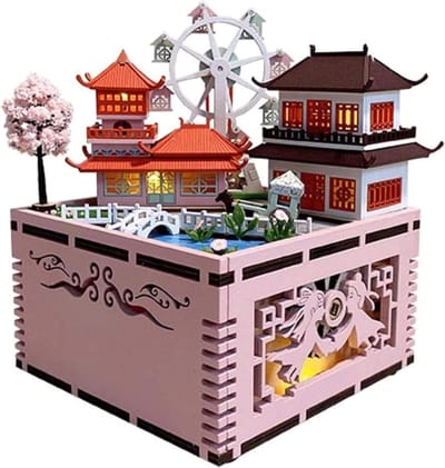 Muziekdoosje Chinese Stijl - Decoratief Huisje - Herinneringen Ophalen - Handgemaakt Houten Model - 12 cm Breed - Rood
