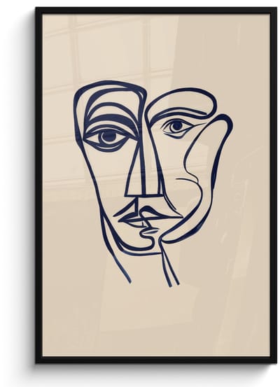 Poster in lijst - Fotolijst 80x120 cm - Posters - Minimalistisch - Lijnillustratie - Beige - Donkerblauw - Posterlijst zwart - Decoratie - Wanddecoratie woonkamer - Muurdecoratie slaapkamer
