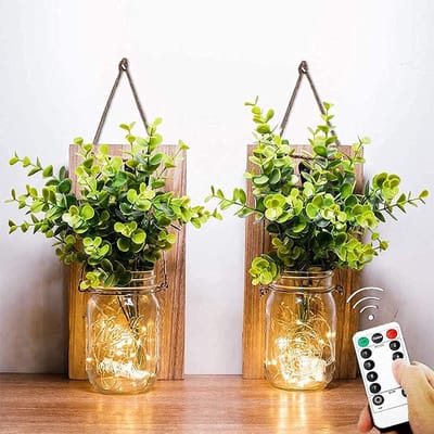 Famanu – Mason jar wandlampen set van 2 stuks met lichtsnoer en kunstplant, rustieke woon- en tuindecoratie met warm licht