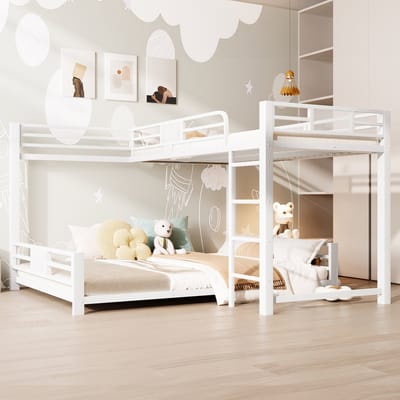 Stapelbed - 90x200 & 140x200 cm - L-Vorm Design - Ruimtebesparend - Metaal - Wit