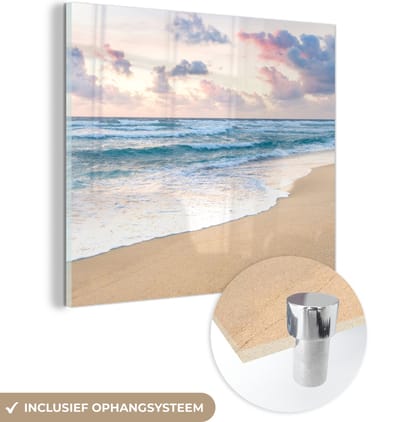 MuchoWow® Glasschilderij 50x50 cm - Schilderij acrylglas - Strand - Wolken - Pastel - Foto op glas - Muurdecoratie woonkamer - Wanddecoratie slaapkamer - Schilderijen