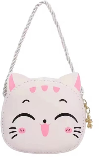 Crossbody Tasje 'Japanse Kat' - Schoudertas - Tas voor Kinderen - Meisje - Wit - Grijs - Poes - Rits - Strap