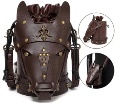 Unieke ronde handtas - Middeleeuws model paard - Maat 22 X 19 cm - Donkerbruin leer - Bronzen details