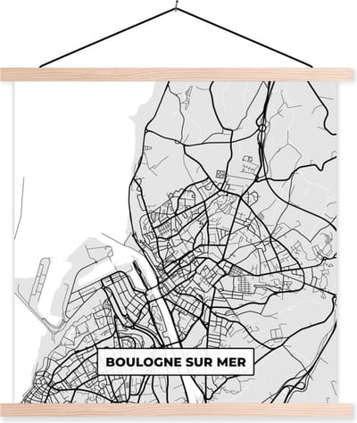 Posterhanger incl. Poster 40x40 cm - Schoolplaat - Kaart – Stadskaart – Frankrijk - Boulogne-sur-Mer - Plattegrond - Textielposter - Blanke latten - Stadskaart