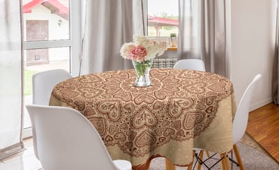 New Bed Bruine Mandala Cirkelvormige Harten Ronde Tafelkleed, Cirkel Tafelkleed voor Eetkamer Keuken Decoratie, 150cm Diameter