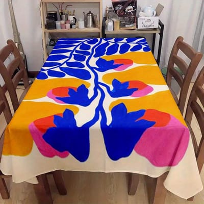 1 stuks Geel & Blauw Color-Blocking Takken & Bladeren Tafelkleed - Polyester Rechthoekige Tafelhoes voor Keuken, Eetkamer, Slaapkamer 145X200CM