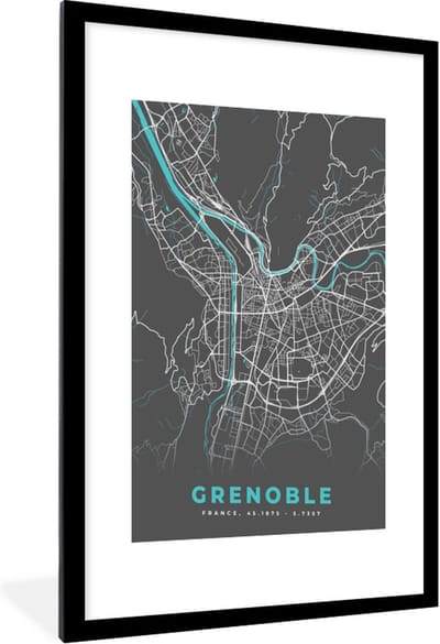 Fotolijst incl. Poster - Grenoble - Frankrijk - Plattegrond - Kaart - Stadskaart - 60x90 cm - Posterlijst