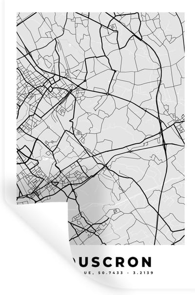 Muurstickers - Sticker Folie - Stadskaart – Zwart Wit - Kaart – Mouscron – België – Plattegrond - 20x30 cm - Plakfolie - Muurstickers Kinderkamer - Zelfklevend Behang - Zelfklevend behangpapier - Stickerfolie