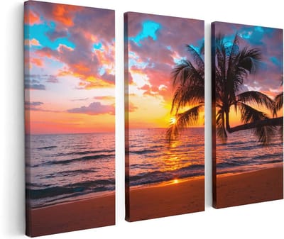 Artaza Canvas Schilderij Drieluik Tropisch Strand Tijdens Zonsondergang - 120x80 cm - Wanddecoratie Woonkamer - Schilderijen - Muurdecoratie