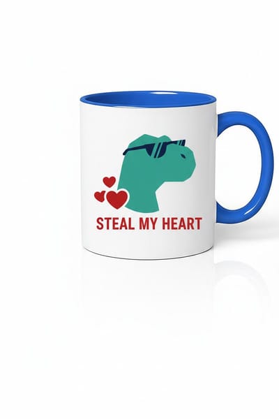 Romantische Dinosaurus Mok 'Steal My Heart' met Zonnebril & Harten - Wit & Blauw Design