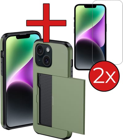 Hoesje Geschikt voor iPhone 14 Hoesje Met Pasjeshouder Hard Case Met Kaarthouder Met 2x Screenprotector - Hoes Geschikt voor iPhone 14 Hoesje Pashouder Case - Donkergroen