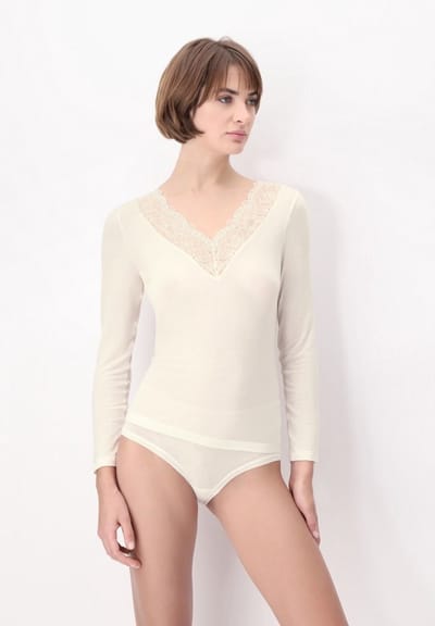 Perfect Line Cashmere - Lace T-Shirt lange mouwen - S - Ivory