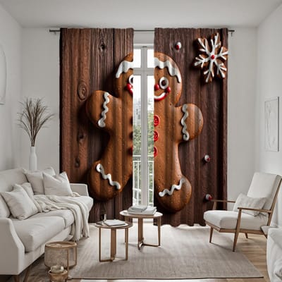 2 pièces Décor de Noël HD Bonhomme en pain d'épices Boule de Noël Décor en mousse rideaux Décor maison sty rideaux imprimés numériquement cravate jaune W52H63inchW132H160cm brown
