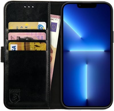 Rosso Element Book Case Wallet Hoesje Geschikt voor Apple iPhone 13 Pro | Portemonnee | 3 Pasjes | Magneetsluiting | Stand Functie | Zwart
