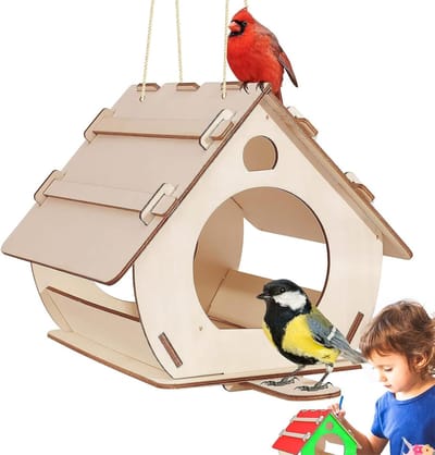 Bird Feeder House for Hanging and Painting - Wood Dispenser for Small Birds - Nesting Boxes for Garden - 22 x 14 x 18 cm