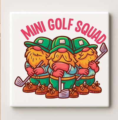 Mini Golf Squad Keramische Tegel – Grappige Golf Team Illustratie Wanddecoratie – Cadeau voor Golfliefhebbers – 15 × 15 cm