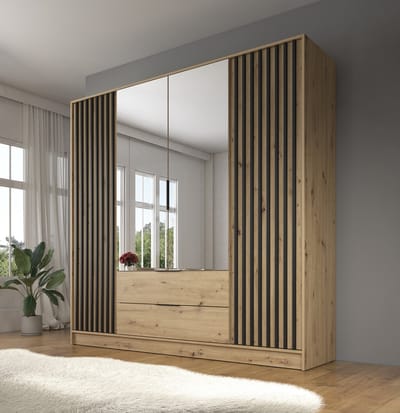 Meubella - Kledingkast Nairobi - Eiken - Zwart - 206 cm - Met spiegel