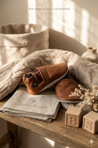 Stabifoot Babyslofjes – Zacht Leer – Cadeaudoos - Linnen zakje - Barefoot - COGNAC 18 - 24