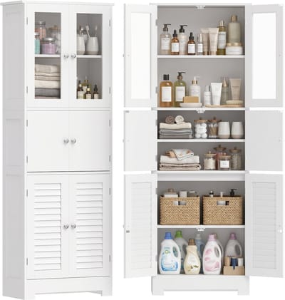 HOMCOM Badkamerkastje (vloermodel) - MDF, glas - 60 x 30 x 170,5 cm - wit