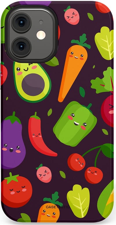 Casetastic Hoesje Geschikt voor Apple iPhone 12 Mini - Stijlvolle Beschermende Duo-layer Case - Vrolijke Groentevrienden