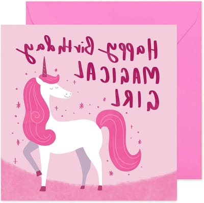 Verjaardagskaart Meisje - Wenskaart Eenhoorn - Feestelijke Groeten - Gedrukt op FSC Karton - 150x150mm - Roze