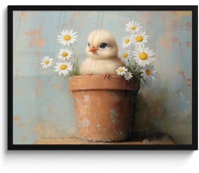 Poster in lijst - Fotolijst 70x50 cm - Posters - Bloempot - Kuiken - Bloemetjes - Posterlijst zwart - Decoratie - Wanddecoratie woonkamer - Muurdecoratie slaapkamer