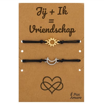 Vriendschapsarmbandjes voor 2 "Jij + Ik = Vriendschap" - Zon & Maan - BFF Armbandjes met Persoonlijk Cadeau Kaartje - Elastisch Verstelbaar - Pax Amare