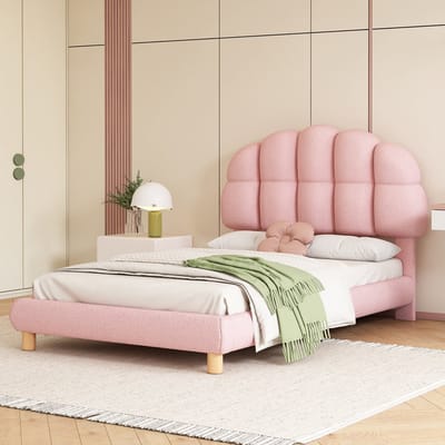 Gutent Kinderbed, Roze (Zonder matras), Eenpersoonsbed 90x200 cm, Adolescentenbed, Gestoffeerd, Houten lattenbodem, rond velours