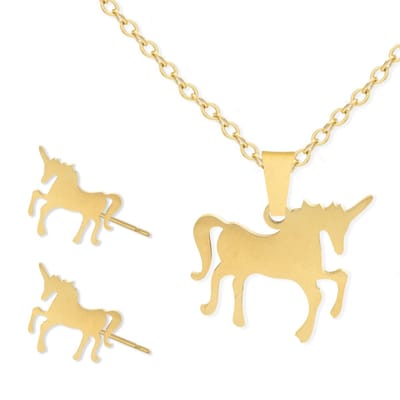 Cadeau Ketting & Oorbellen set met Eenhoorn - Roestvrij Staal - Goudkleurig - Cadeau Sieraad op Kaartje - Pax Amare
