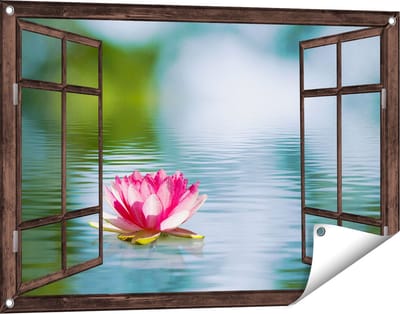 Gards Tuinposter Doorkijk Roze Lotusbloem op het Water - 90x60 cm - Tuindoek - Tuindecoratie - Wanddecoratie buiten - Tuinschilderij
