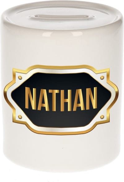 Spaarpot met voornaam Nathan - wit - met goud/zwart embleem - 8 x 9 cm - keramiek - met afsluitdop - cadeau verjaardag