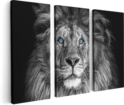 Artaza Canvas Schilderij Drieluik Leeuw Met Blauwe Ogen - Zwart Wit - 120x80 cm - Wanddecoratie Woonkamer - Schilderijen - Muurdecoratie
