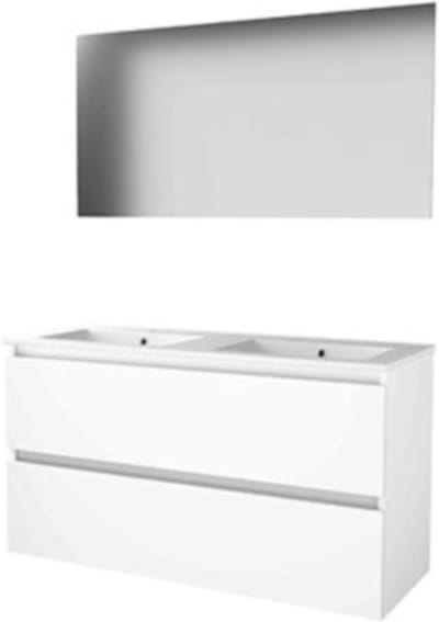 Basic-Line Ultimate 46 Badkamermeubelset - 120 x 46 cm - Greeploos - 2 Lades - Keramische Wastafel - 2 Kraangaten - Spiegel met Indirecte LED Verlichting - Ice White