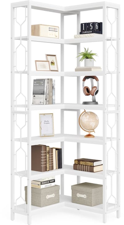 Tribesigns - Boekenkast - Hoek Boekenkast met 7 Planken - Industrieel - MDF/Metaal - Wit - 60 x 60 x 200 cm