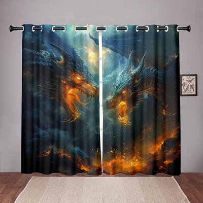 2 Stuks 3D Fantasy Twin Dragon Print Gordijnen Gouden Vonken Digitale Print Jongenskamer Woonkamer Speelkamer Decor Gordijnen 50W130H(CM)X2PCS&Hook