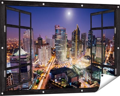 Gards Tuinposter Doorkijk Makati Stad Skyline in de Nacht in Thailand - 120x80 cm - Tuindoek - Tuindecoratie - Wanddecoratie buiten - Tuinschilderij